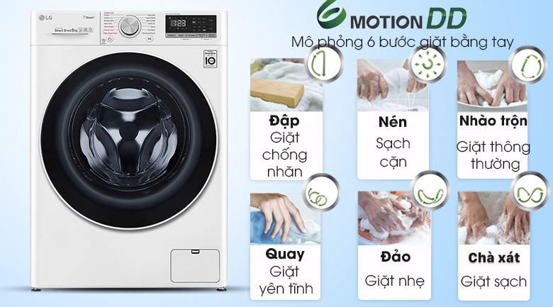 Máy giặt sấy LG Inverter 8.5 kg FV1408G4W | Giặt 6 chuyển động