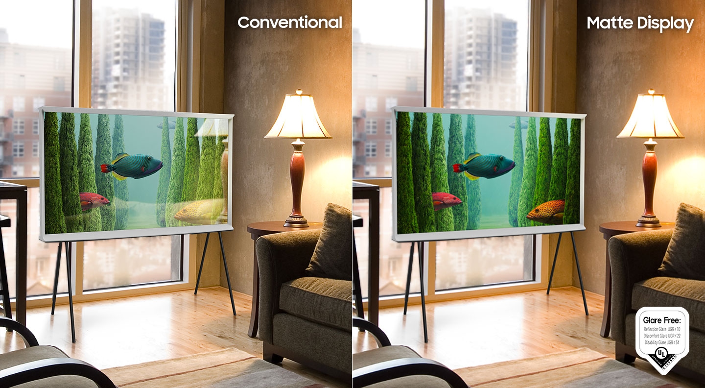 The Serif with Conventional display shows light reflections on its screen while The Serif with Matte Display does not. The UL verified Glare Free: Reflection Glare UGR<10, Discomfort Glare UGR<22, Disability Glare UGR<34 logo is also on display.
